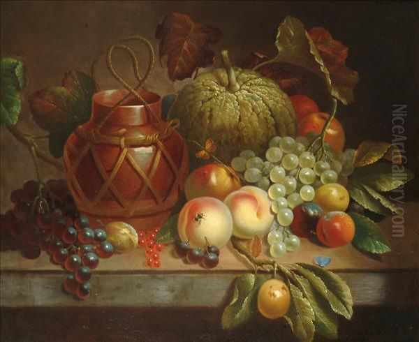 Still Life Offruit And Flask On A Ledge Oil Painting by George Hedley