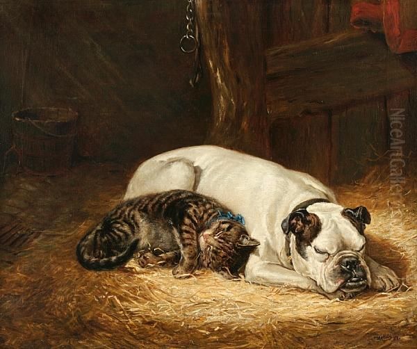 English Bulldog And Cat At Rest In A Stable Oil Painting by Ralph Hedley