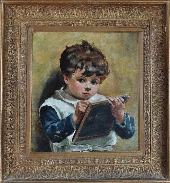 A Small Schoolboy Writing On A Slate Oil Painting by Ralph Hedley