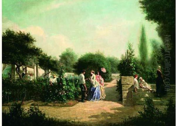 Elegantes Dans Un Jardin Oil Painting by Edmond Hedouin