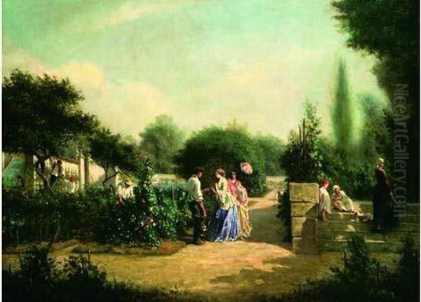 Elegantes Dans Un Jardin Oil Painting by Edmond Hedouin