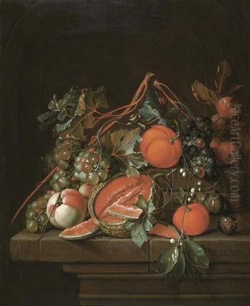 Fruit Still Life On A Stone Table. Oil Painting by Cornelisz. De Heem