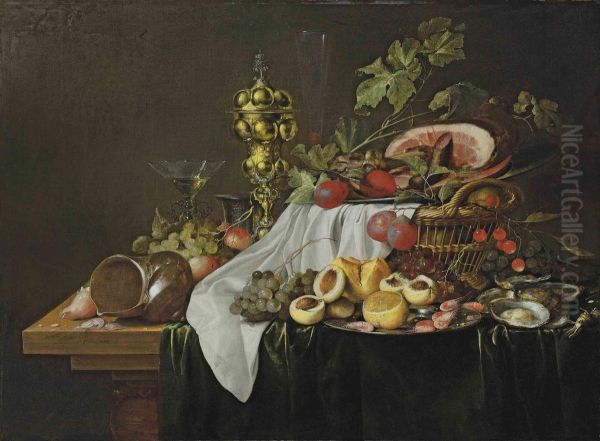 Shells, Shrimps, Peaches, A Facon-de-venise Wine Glass, A Pewtertankard, A Silver-gilt Cup And Cover, Shrimps, Nectarines And Alemon On A Pewter Plate, With Grapes, Oysters, A Bread Roll And Abasket Of Fruit Surmounted By A Pewter Plate With A Ham, On Apa Oil Painting by Heem De Jan Davidsz & Studio