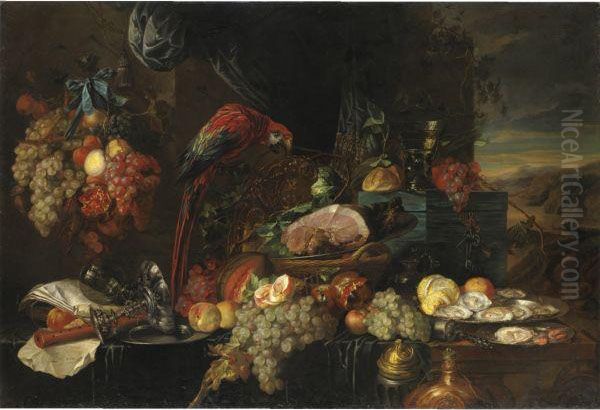 Natura Morta Con Frutta, Ostriche E Un Pappagallo Oil Painting by Heem De Jan Davidsz & Studio