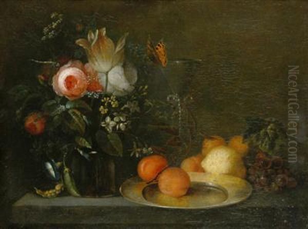 A Still Life With Flowers And Fruit Oil Painting by Heem De Jan Davidsz & Studio