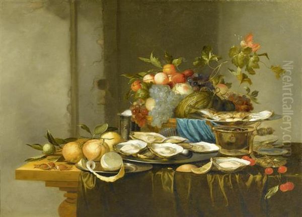 Still Life With Fruits And Oysters On A Table Oil Painting by Heem De Jan Davidsz & Studio