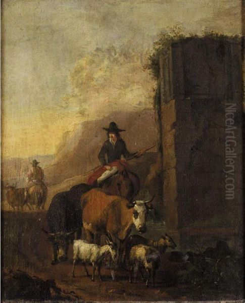 Drovers And Their Animals Beside A Ruin Oil Painting by Sebastian Heemskerck