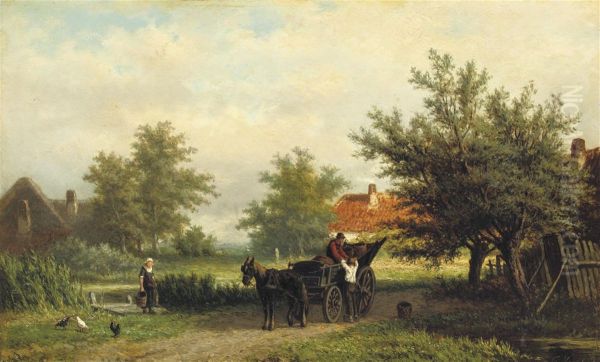 A Horsedrawn Carriage On A Country Path Oil Painting by Georgius Heerebaart