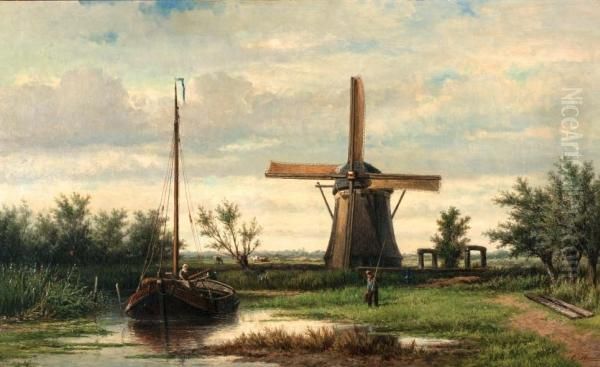 Polderlandschap Met Figuren Bij Een Molen Oil Painting by Georgius Heerebaart