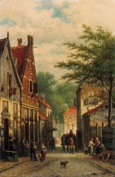 Figures In A Dutch Town Oil Painting by Georgius Heerebaart