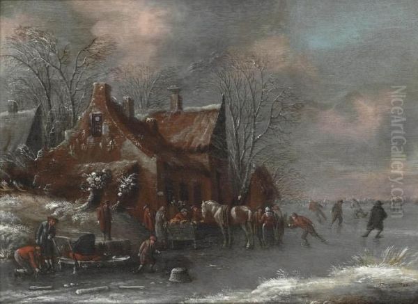 A Winter Landscape With Figures Skating On A Frozen River By A Village Oil Painting by Thomas Heeremans