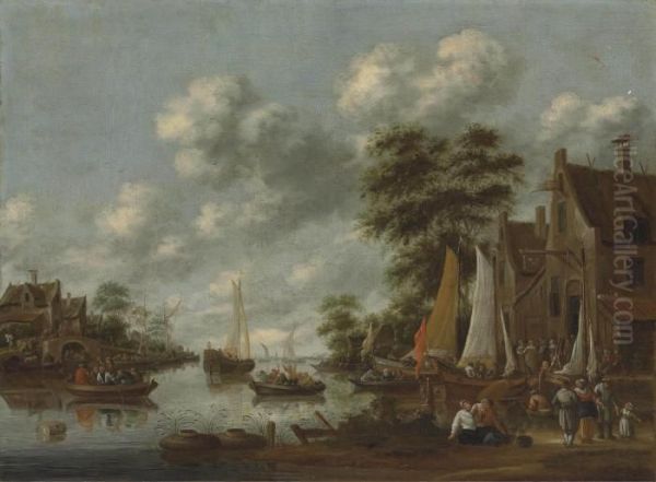 A River Landscape With Ferry Boats And Other Vessels, Figures Disembarking By An Inn Oil Painting by Thomas Heeremans