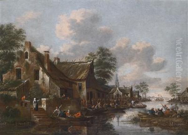 A City On The Banks Of A River Oil Painting by Thomas Heeremans