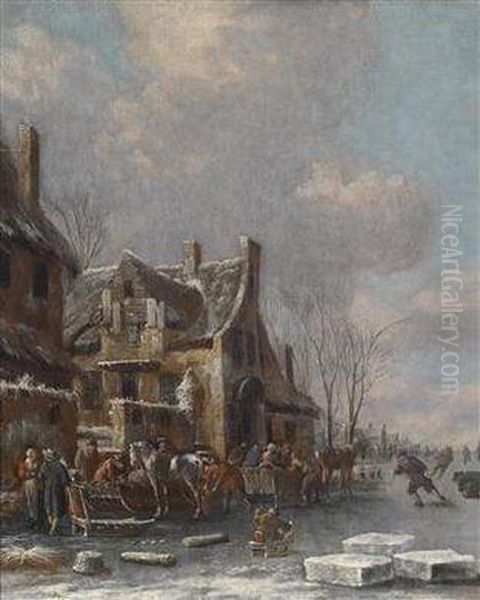 Winter Landscape With Ice Skaters Oil Painting by Thomas Heeremans