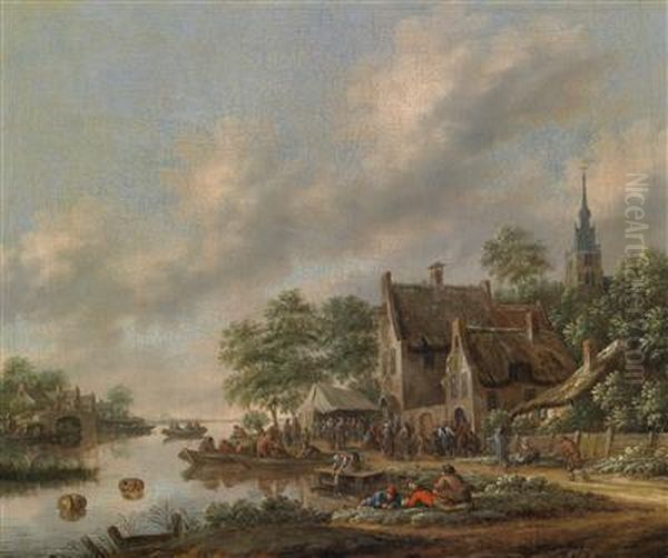 A River Landscape With A Village Fete Near The River Bank Oil Painting by Thomas Heeremans