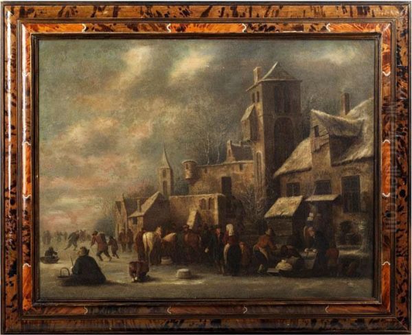 Marktleute Mit Pferden Vor Hausern Und Einem Kirchengebaude Oil Painting by Thomas Heeremans