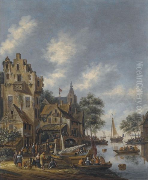 A Town On The Banks Of A River With Figures At The Waterside Oil Painting by Thomas Heeremans