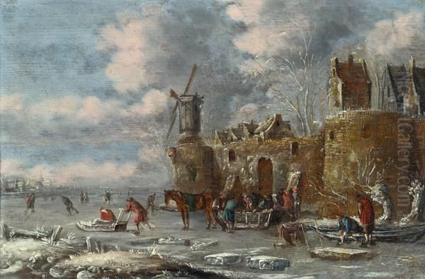 Eisvergnugen Vor Den Mauern Einer Stadt Oil Painting by Thomas Heeremans