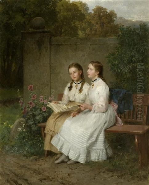 Two Girls Singing On A Bench In A Park Oil Painting by Minna Heeren