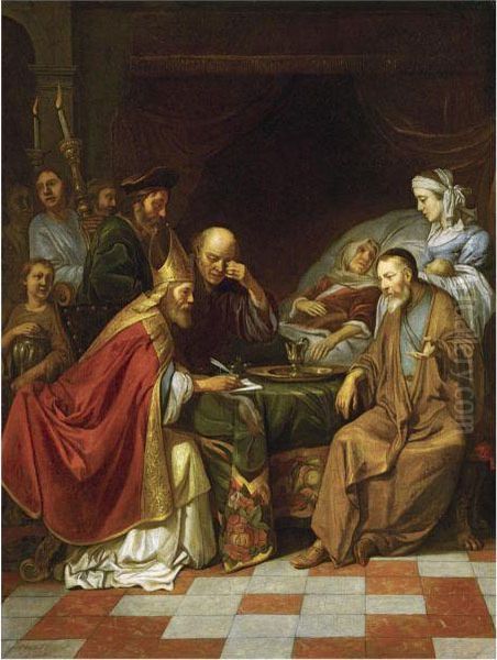 Zacharias Writing The Name Of Saint John The Baptist Oil Painting by Hendrick Heerschop or Herschop