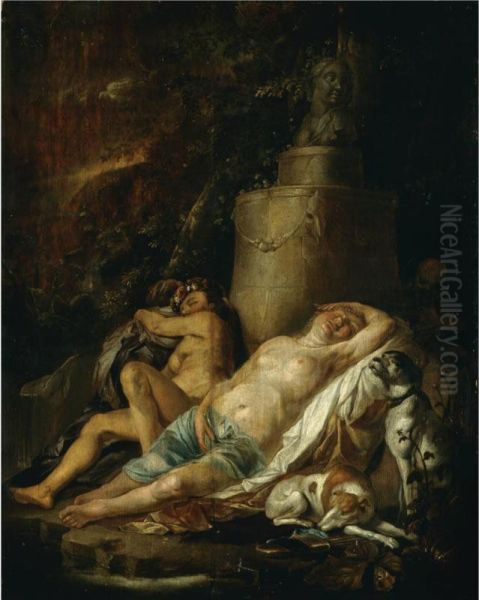 Diana And Her Nymphs Resting After The Hunt, Spied On By A Satyr Oil Painting by Hendrick Heerschop or Herschop