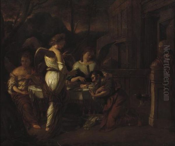 Abraham Entertaining The Three Angels Oil Painting by Hendrick Heerschop or Herschop