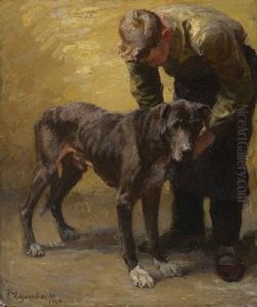 Mann Mit Dogge. Oil Painting by Emanuel Hegenbarth