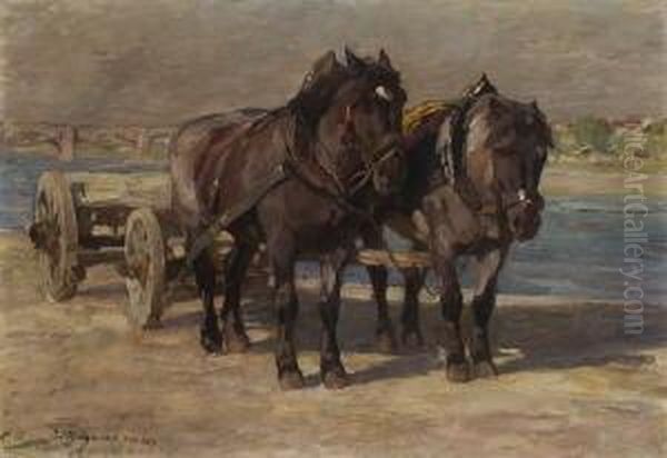 Pferdewagen Am Fluss Oil Painting by Emanuel Hegenbarth