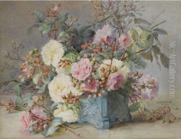 A Still Life With Flowers In A Blue Pot Oil Painting by Maria Teresa Hegg