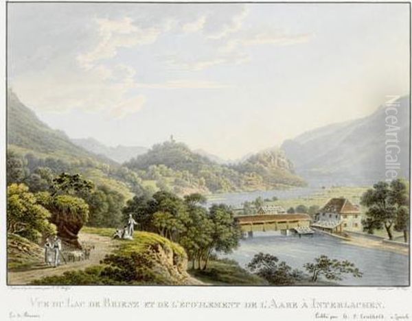 Vue Du Lac De Brienz Et De L'ecoulement De L'aare A Interlachen Oil Painting by Franz Hegi