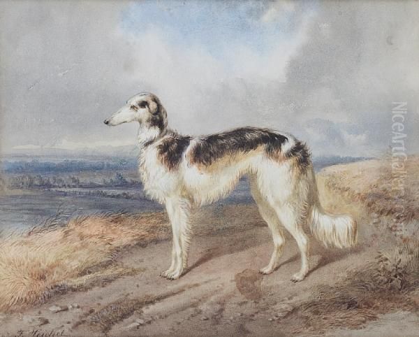 Portrait Of A Borzoi In A Landscape Oil Painting by F Heichel