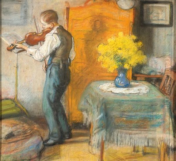 Violin Playing Young Man In An Interioir Oil Painting by Otto Heichert