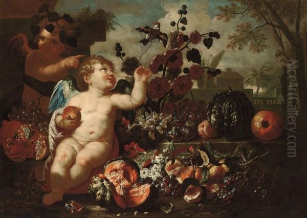 Natura Morta Di Frutta Con Due Putti Su Sfondo Di Giardino Oil Painting by Iohann Conrad Heichler