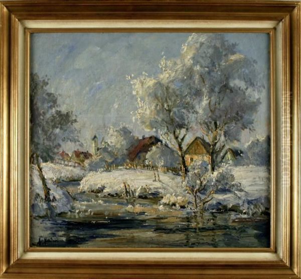 Stimmungsvolle Winterlandschaft Mit Einem Dorf Am Bachlauf Oil Painting by Hans Heider