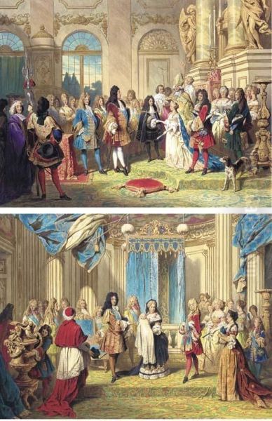 The Marriage Of The Duc De Bourgogne To Marie-adelaide Of Savoy On7 December 1697, In The Presence Of King Louis Xiv; And Thepresentation Of The Newborn Louis, Duc De Bourgogne, To Hisgrandfather King Louis Xiv Oil Painting by Franz Napoleon Heigel