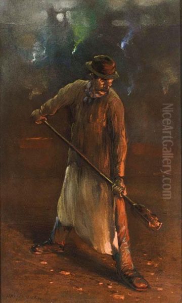 A Steel Worker Extinguishing Coals Oil Painting by Herman Heijenbrock