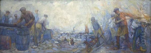 Steel Workers Near A Harbour Oil Painting by Herman Heijenbrock