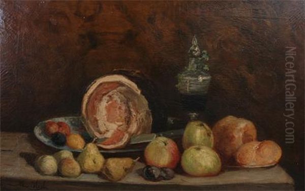 Still Life, Fruit, Melon, Apples, Pear And A Knife On A Ledge Oil Painting by Marinus Heijl