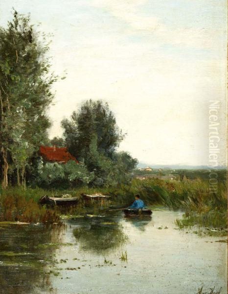 Landschap Met Boer In Bootje Oil Painting by Marinus Heijl