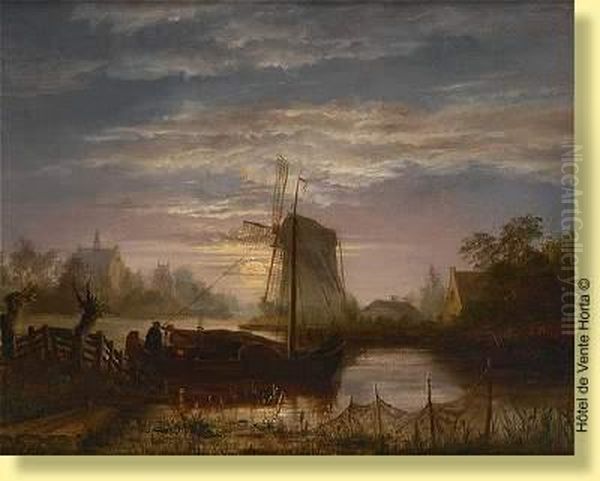 Coucher De Soleil Sur Le Moulin Oil Painting by Jan Hendrik Heijmans