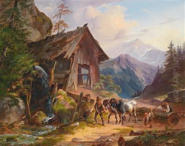 Viehtrieb Vor Einer Alten Muhle Oil Painting by Joseph Heike