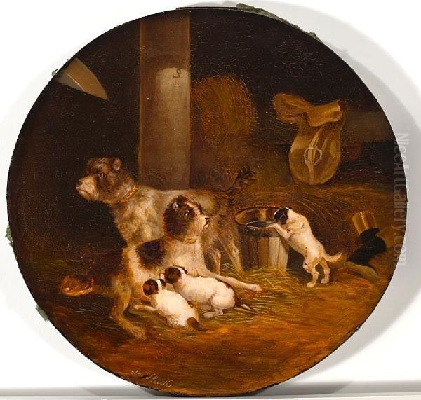 Wirehaired Fox Terrier Family In Thestable Oil Painting by Joseph Heike