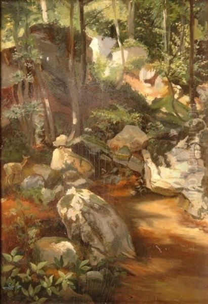 Deer In The Summerly Deciduous Forest - A Brook Closeby Oil Painting by Joseph Heilmair