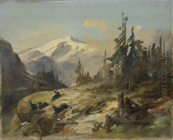 Mountain Landscape With Chamois Deer Oil Painting by Anton Paul Heilmann