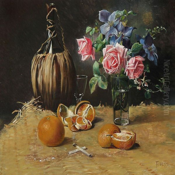 Still Life With Bottle, Oranges, Cigarettes And A Bouquet Oil Painting by Flora Heilmann