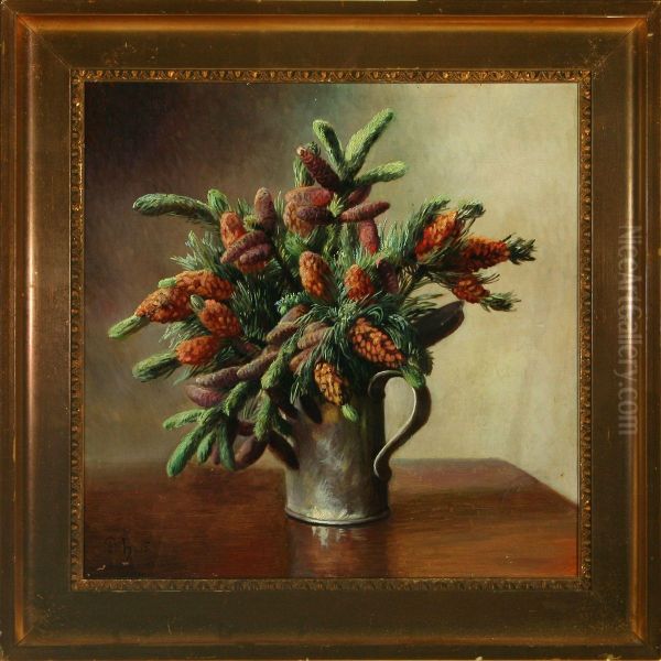 Fur And Spruce Cones In A Vase Oil Painting by Flora Heilmann