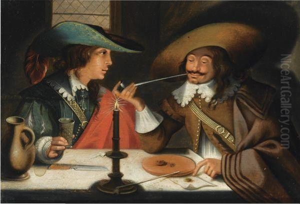 Two Cavaliers Seated At A Table Smoking And Drinking Oil Painting by Wolfgang Heimbach