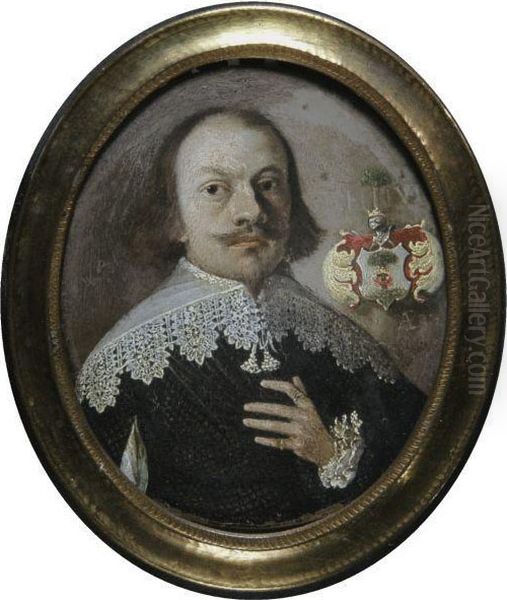 A Miniature Of A Gentleman In A Black Dress With A White Lace Collar Oil Painting by Wolfgang Heimbach