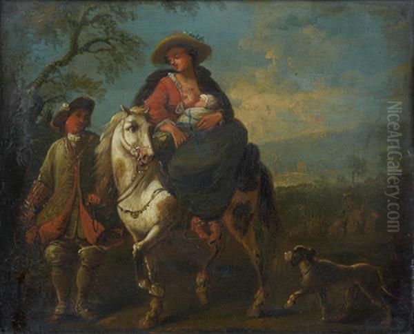 Jeune Mere Et Son Enfant A Cheval Sur Un Chemin De Campagne Oil Painting by Johann Daniel Heimlich