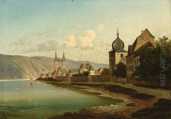 View Of A German City Along A River. Oil Painting by Ernst M. Heims